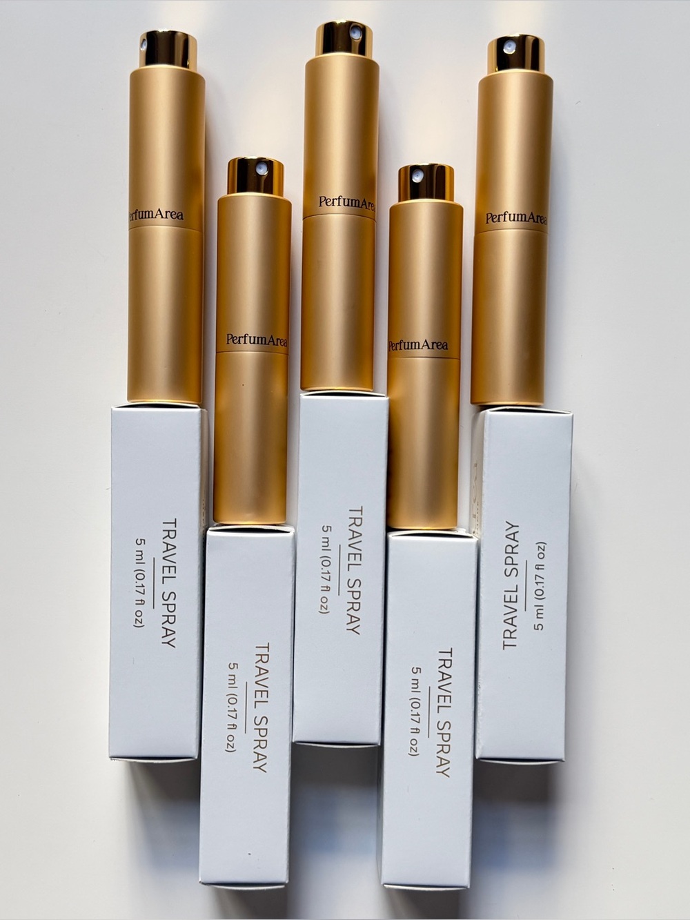 Set of 5 Empty Gold Refillable Perfume Atomizers 5ml/0.17oz Glass+Metal, in box
